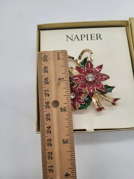 Napier Poinsettas Enamel Rhinestone Gold Tone Brooch Pin Holiday Christmas - Picture 5 of 6